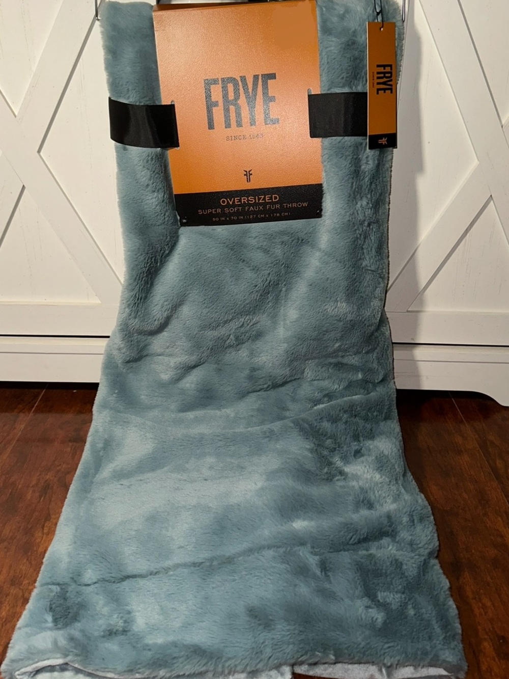 FRYE Oversized Faux Fur Throw Blanket in Dusty Blue-Green